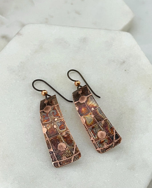 Acid etched copper irregular rectangle earrings