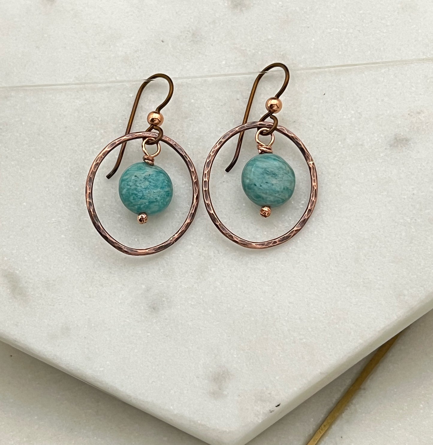 Copper hoops with amazonite gemstones