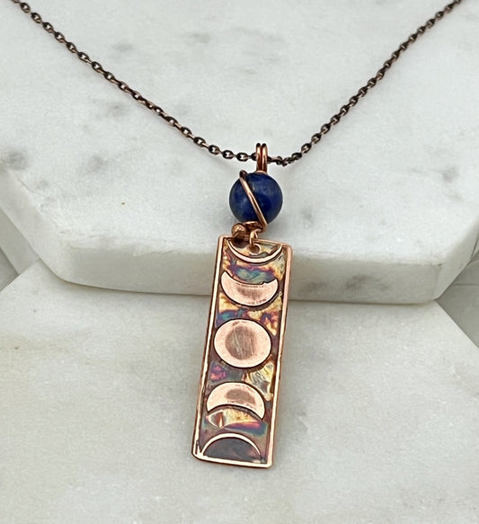 Moon phase acid etched copper necklace with lapis gemstone