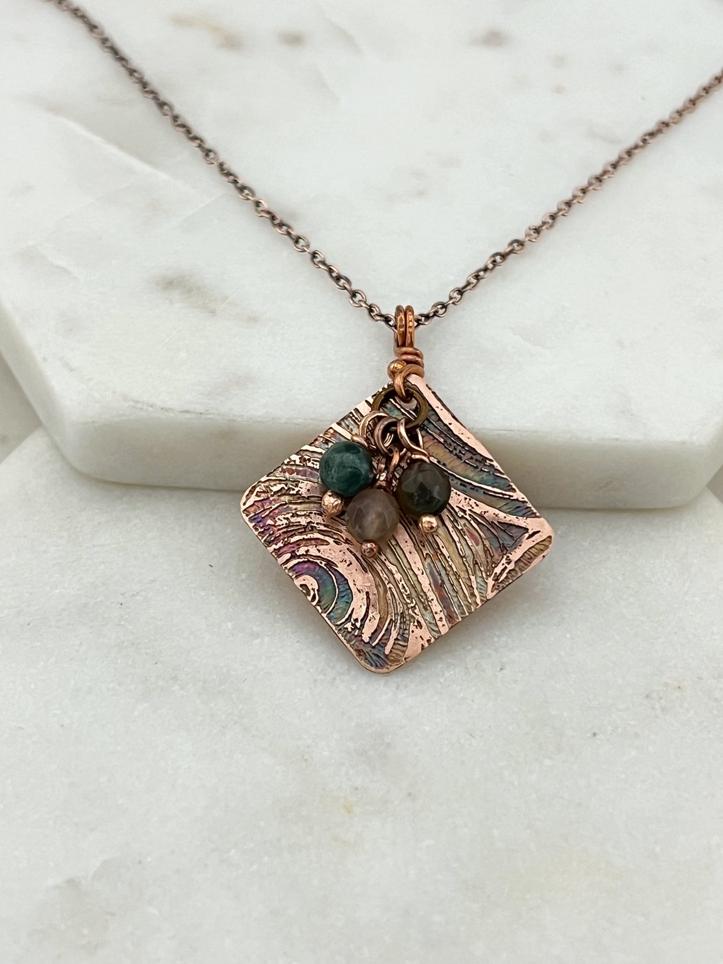 Acid etched copper necklace with india agate gemstones