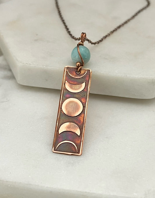Moon phase acid etched copper necklace with amazonite gemstone