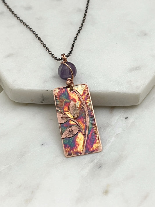 Acid etched copper leaf necklace with amethyst gemstone