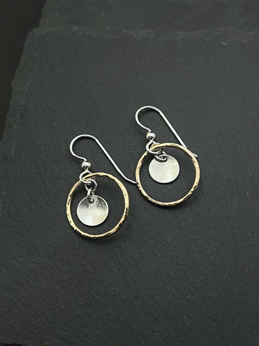 Mixed metal hoop 14 katat gold and sterling silver earrings