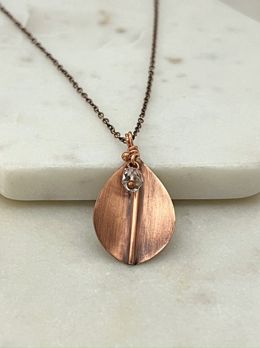 Hand forged copper leaf necklace with Herkimer Diamond gemstone
