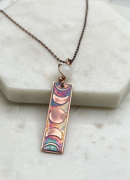 Moon phase acid etched copper necklace with moonstone gemstone