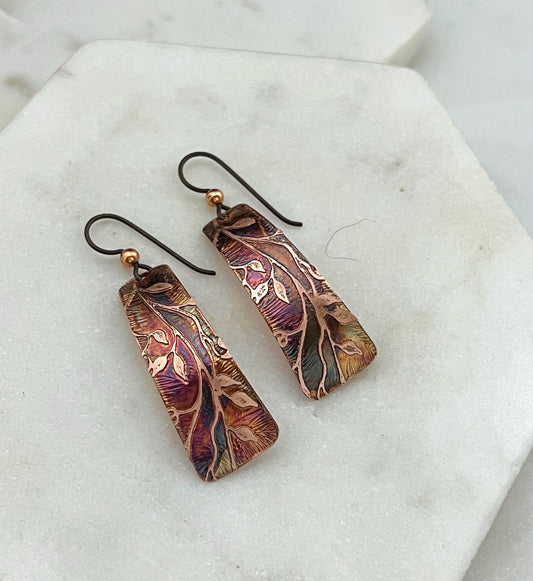 Acid etched copper irregular rectangle earrings