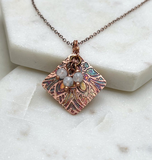 Acid etched copper necklace with moonstone gemstones