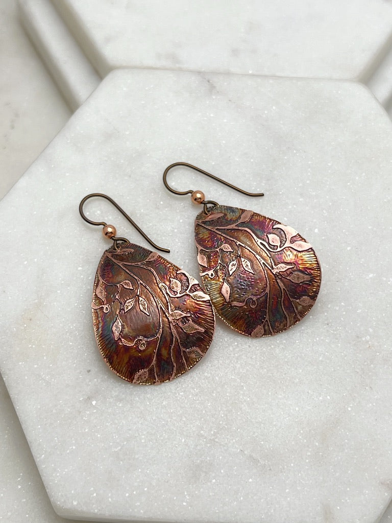 Acid etched copper medium teardrop earrings