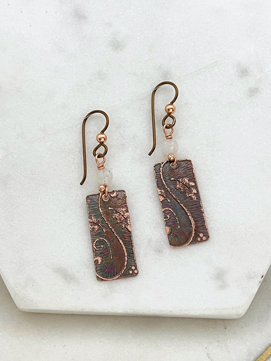 Acid etched copper earrings with moonstone gemstones