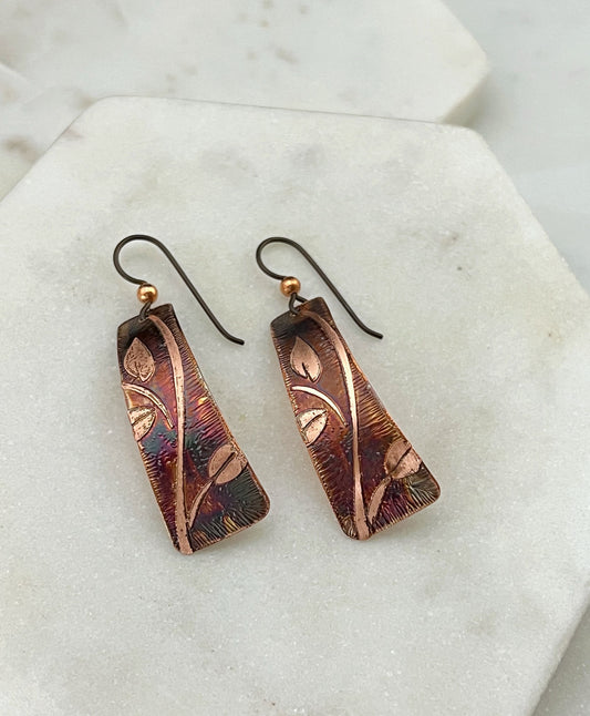 Acid etched copper irregular rectangle earrings