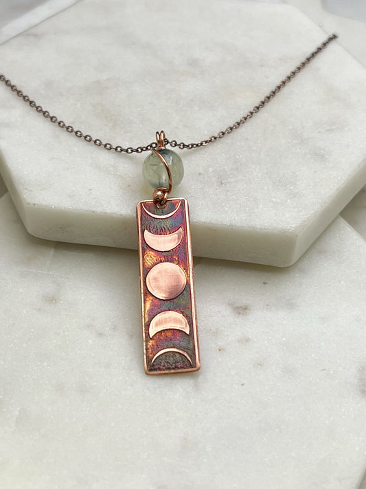 Moon phase acid etched copper necklace with prehnite gemstone