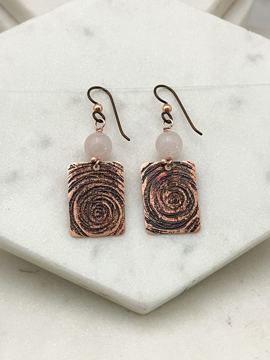 Acid etched copper earrings with rose quartz gemstones