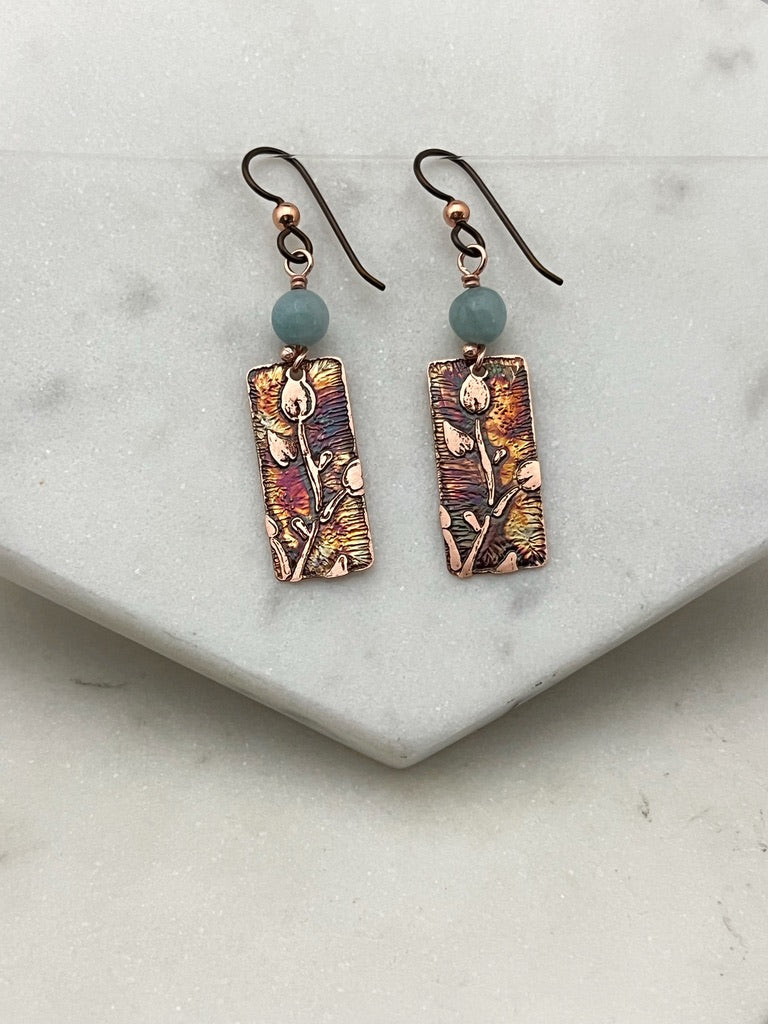 Acid etched copper earrings with amazonite gemstones