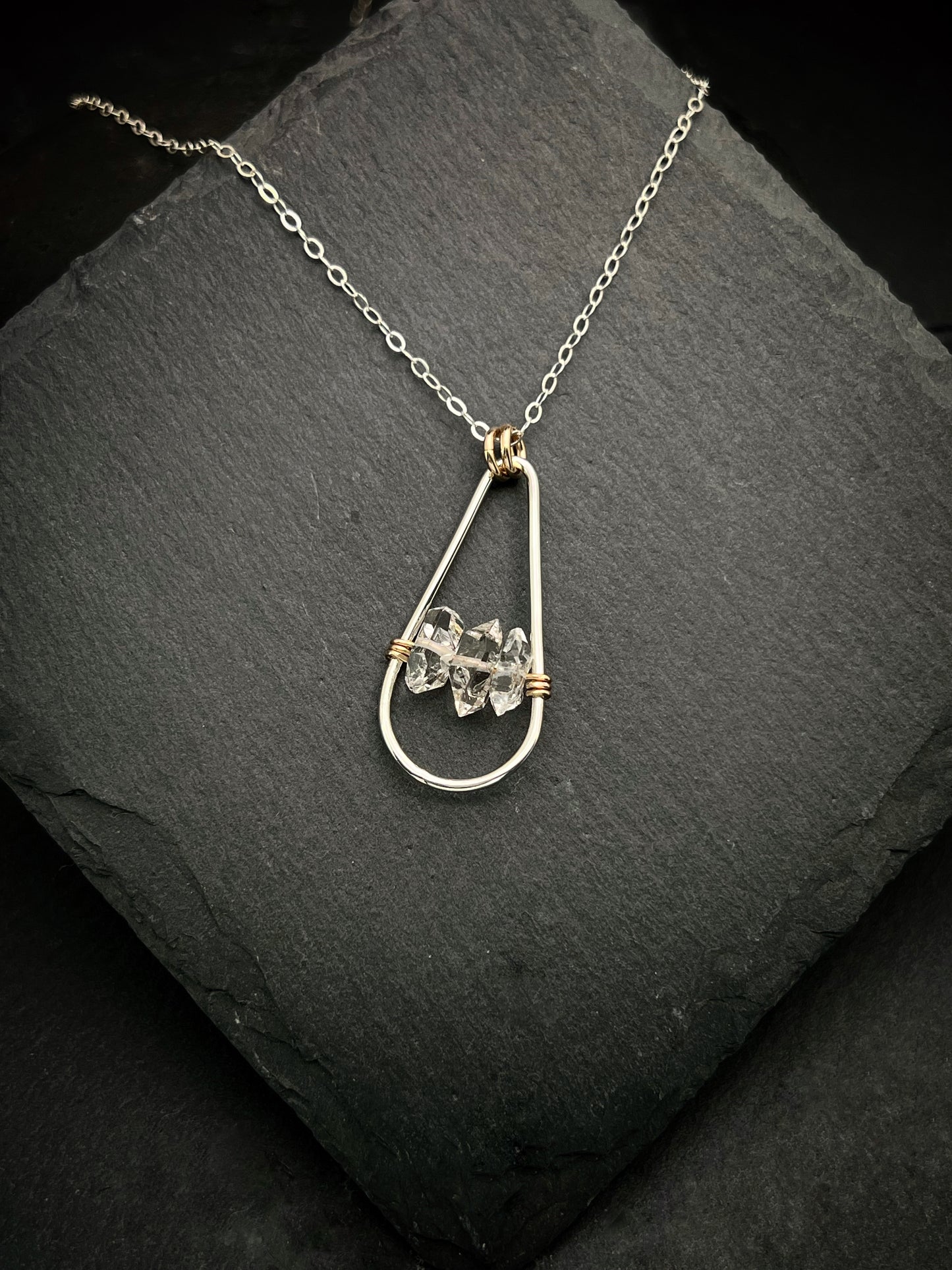 Handmade Sterling Silver Teardrop Necklace with 14k Gold and Herkimer Diamond