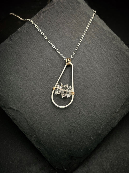 Handmade Sterling Silver Teardrop Necklace with 14k Gold and Herkimer Diamond