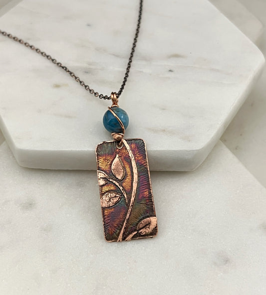 Acid etched copper leaf necklace with apatite gemstone