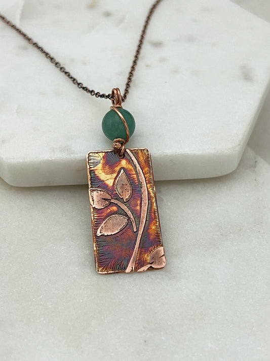 Acid etched copper leaf necklace with aventurine gemstone