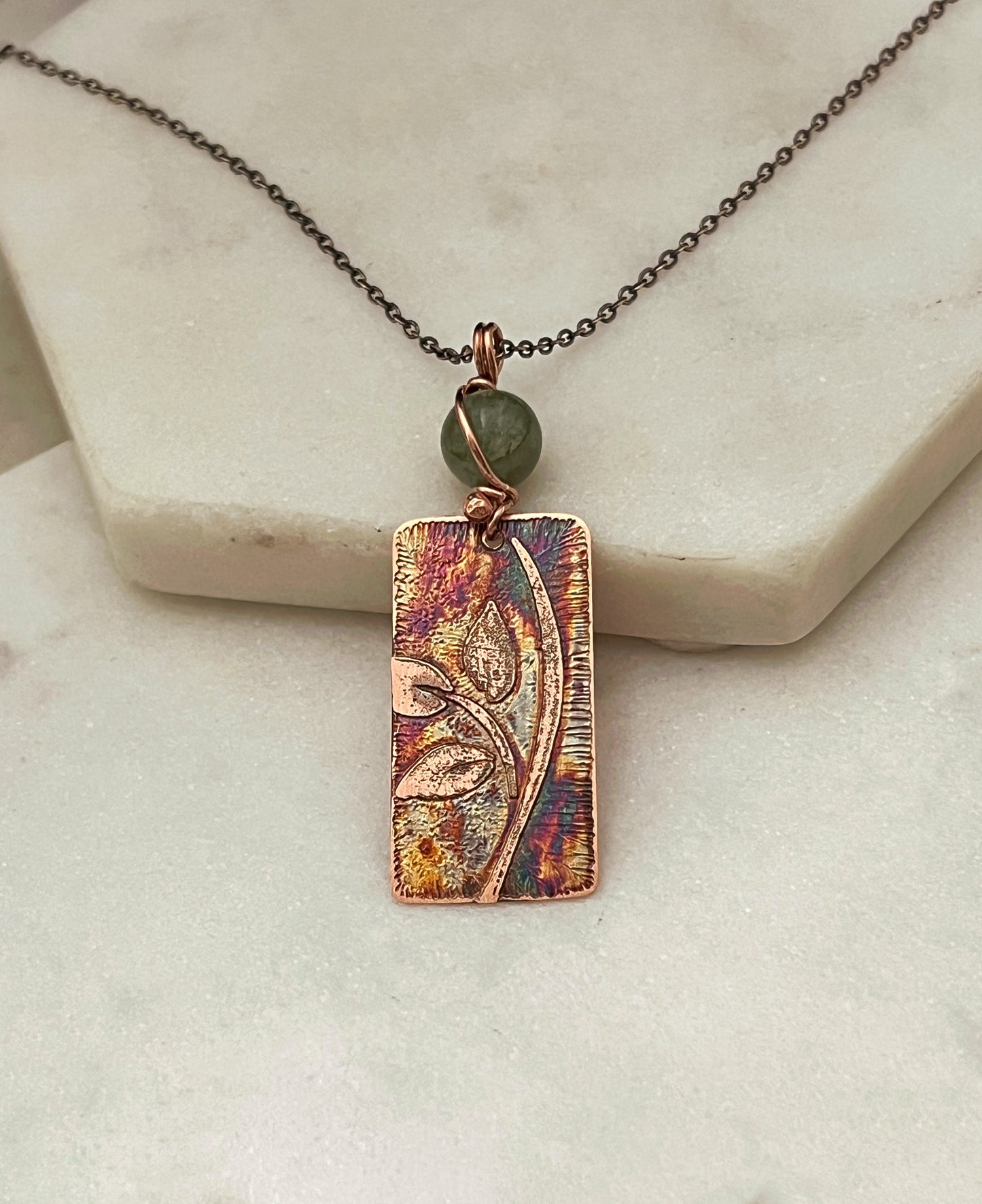 Acid etched copper leaf necklace with jade gemstone