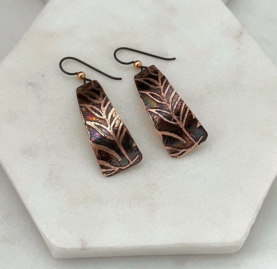 Acid etched copper irregular rectangle earrings