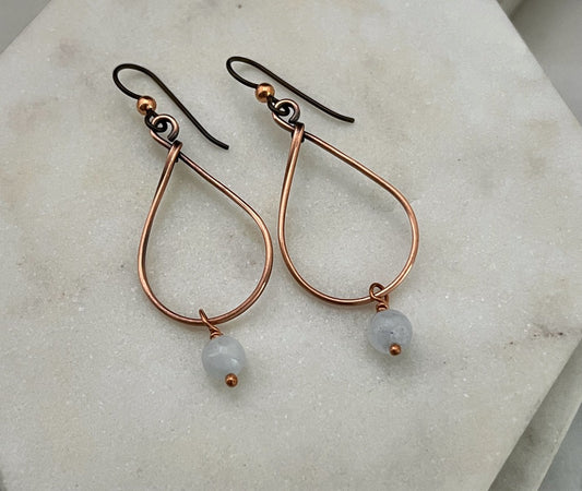 Copper teardrop hoop earrings with aquamarine