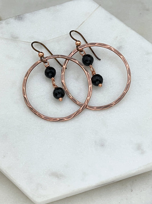 Copper hoops with onyx gemstones