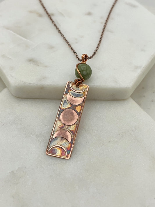 Moon phase acid etched copper necklace with jade gemstone