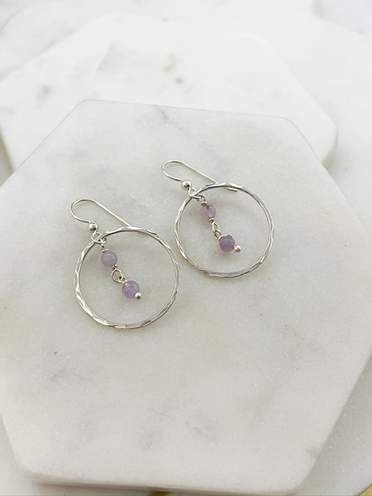 Sterling silver hoop earrings with amethyst gemstones