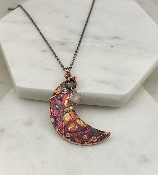 Acid etched copper crescent necklace with a Herkimer Diamond gemstone