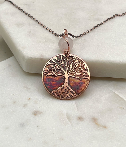 Copper and rose quartz rooted tree necklace