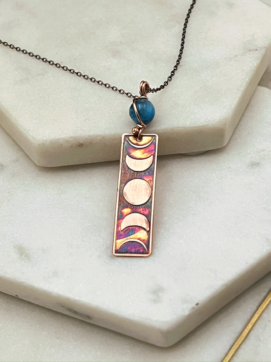 Moon phase acid etched copper necklace with apatite gemstone