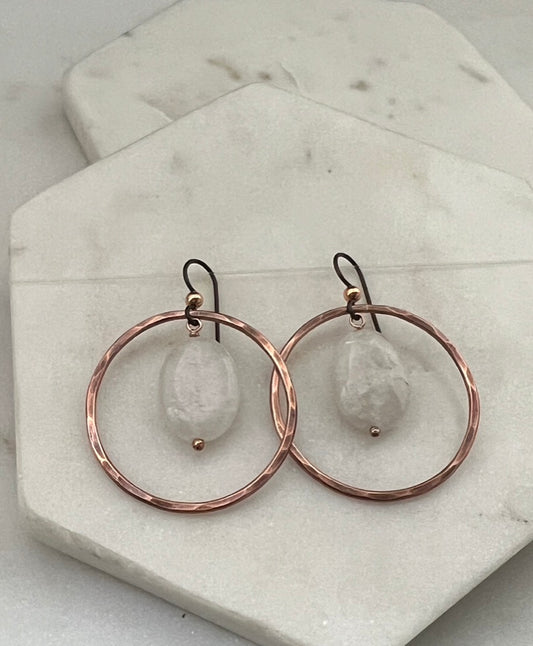 Copper hoops with quartz gemstones