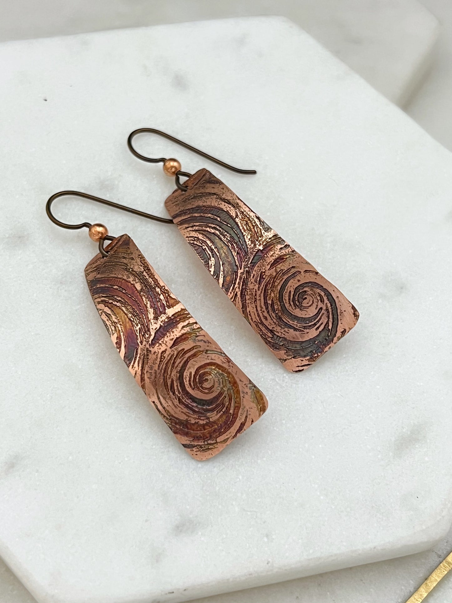 Acid etched copper irregular rectangle earrings