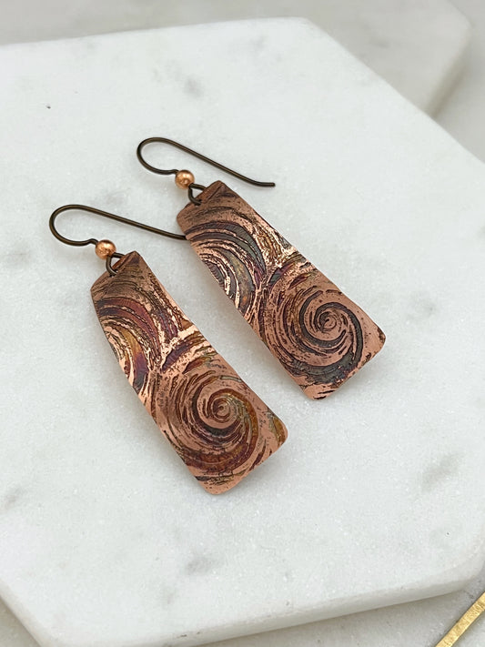 Acid etched copper irregular rectangle earrings
