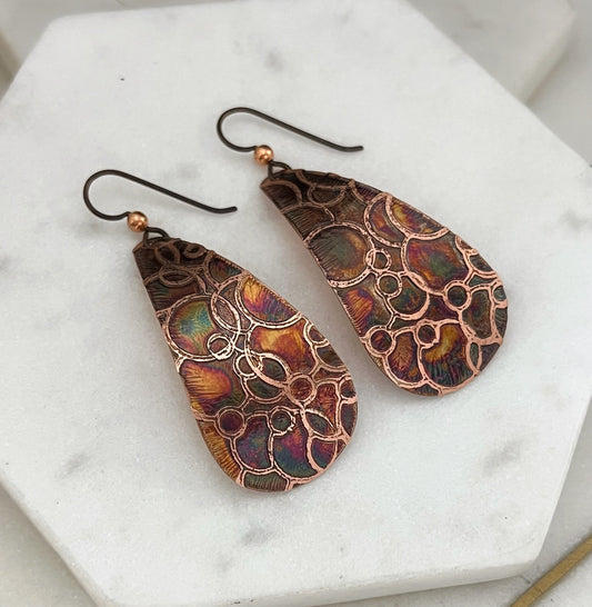 Large acid etched copper teardrop earrings