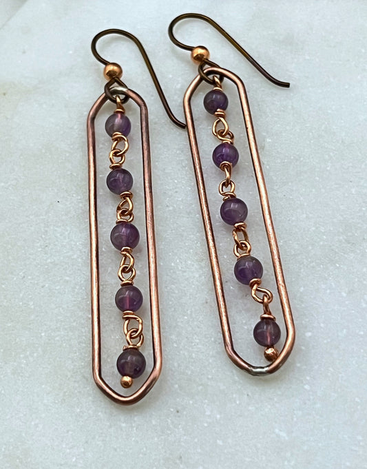 Copper Dangle Earrings with amethyst gemstones