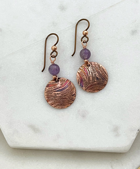 Acid etched copper earrings with amethyst gemstones