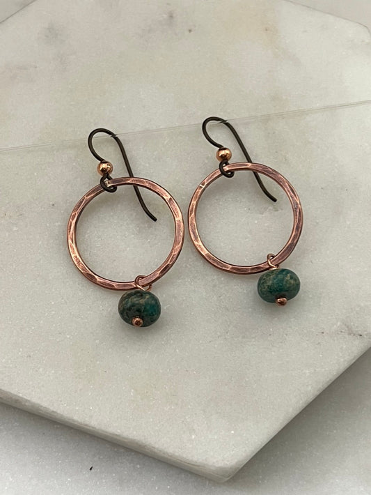 Copper hoops with serpentine jasper gemstones