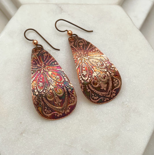 Large acid etched copper teardrop earrings