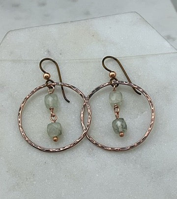 Copper hoops with prehnite gemstones