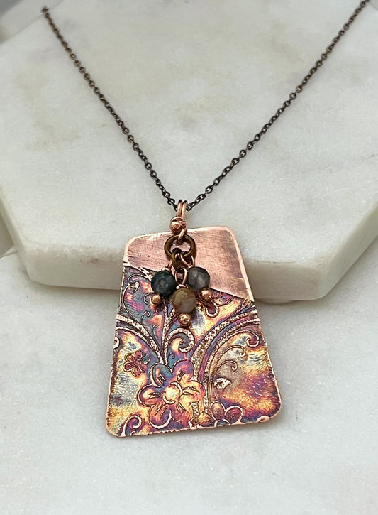 Acid etched copper necklace with India Agate gemstones