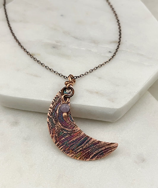 Acid etched copper crescent necklace with a amethyst gemstone