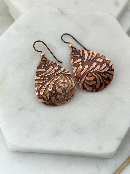 Acid etched copper medium teardrop earrings