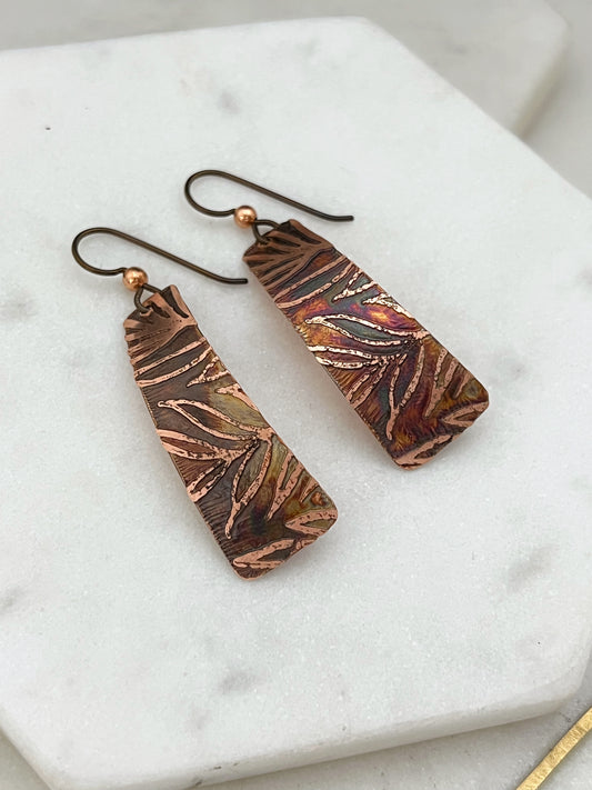 Acid etched copper irregular rectangle earrings