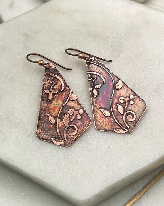 Acid etched copper earrings