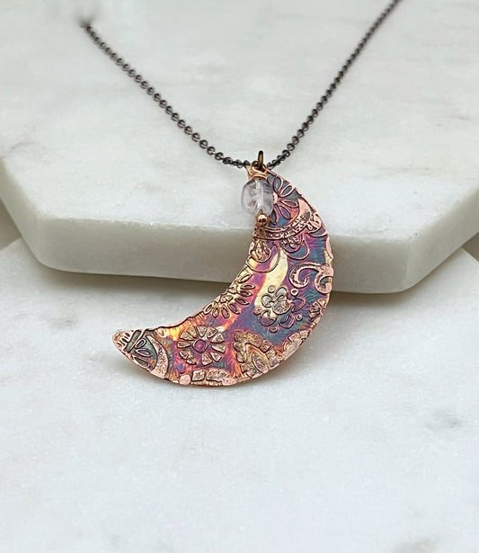 Acid etched copper crescent necklace with moonstone gemstone