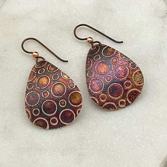 Acid etched copper medium teardrop earrings