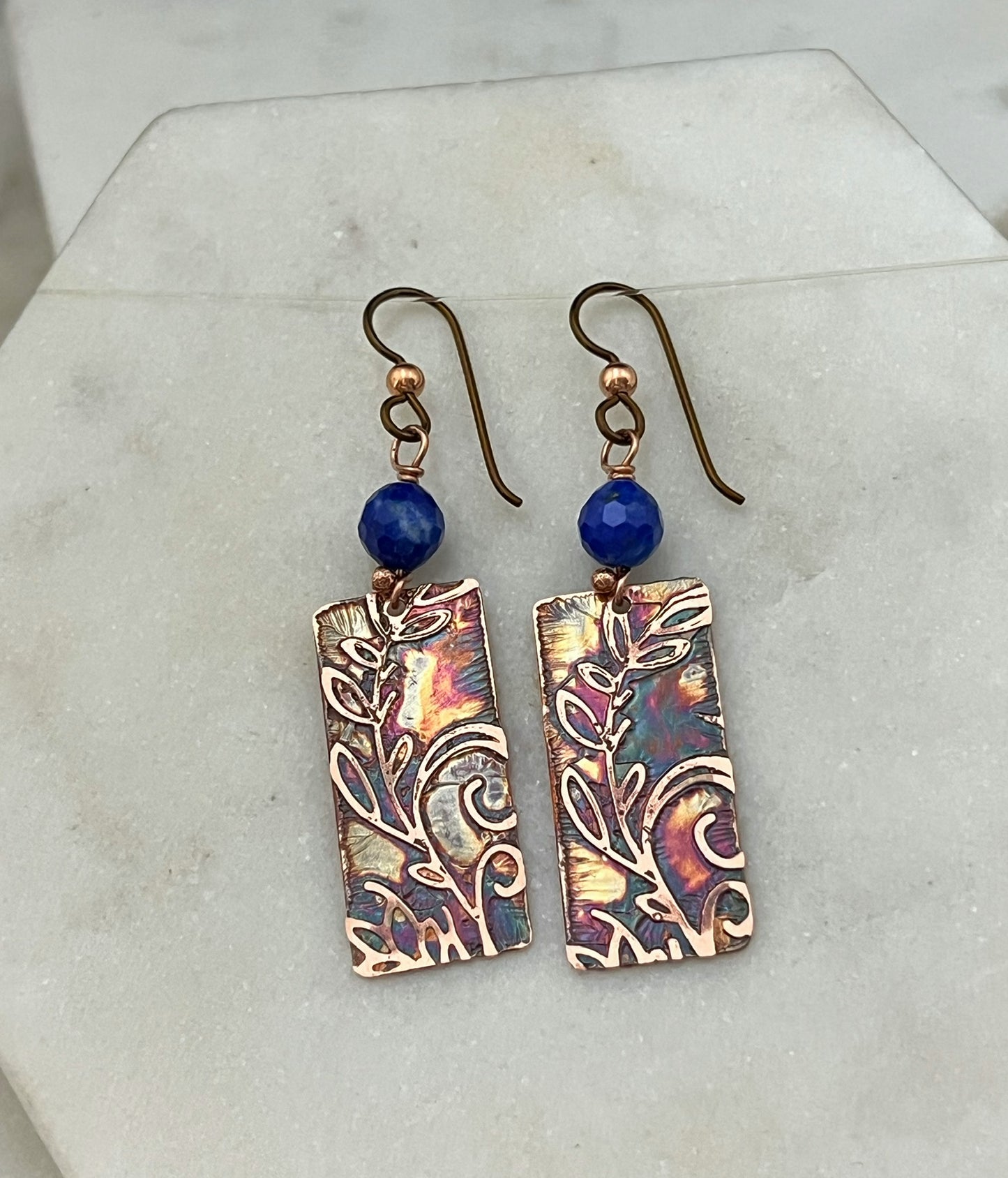 Acid etched copper earrings with lapis gemstones