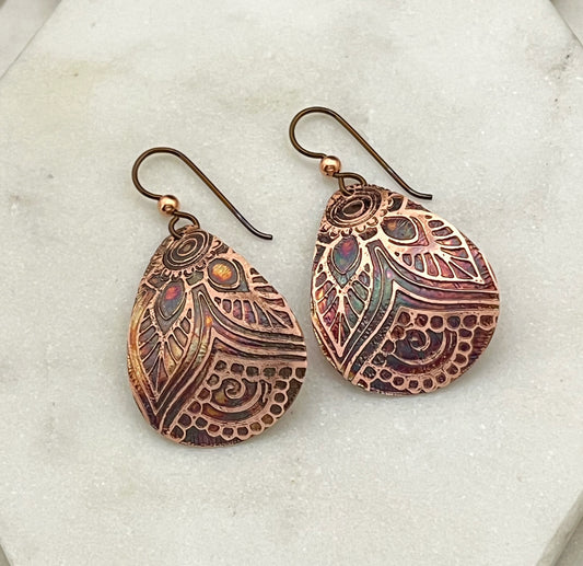 Acid etched copper medium teardrop earrings