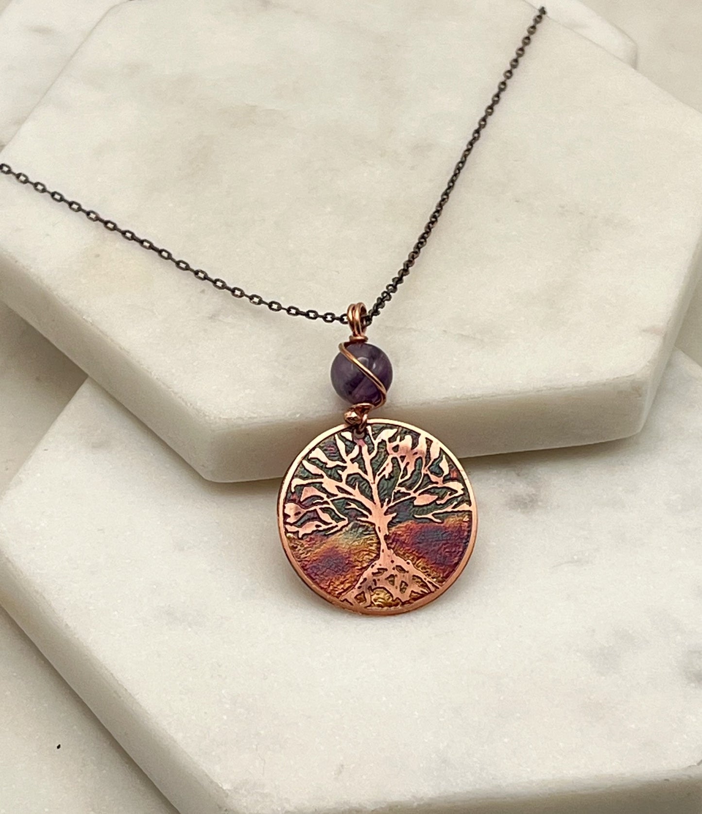Copper and amethyst rooted tree necklace