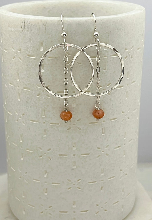 Sterling silver hoop earrings with peach moonstone gemstones